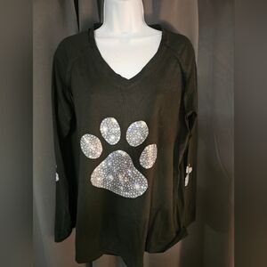 Black Long Sleeve Top with Silver Paw Print